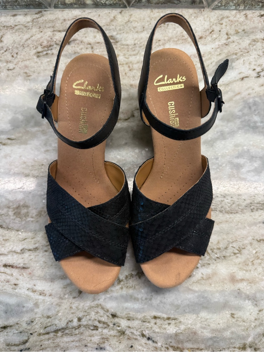 Clarks Black Snake-Texture Wedge Sandals - Picture 2 of 12